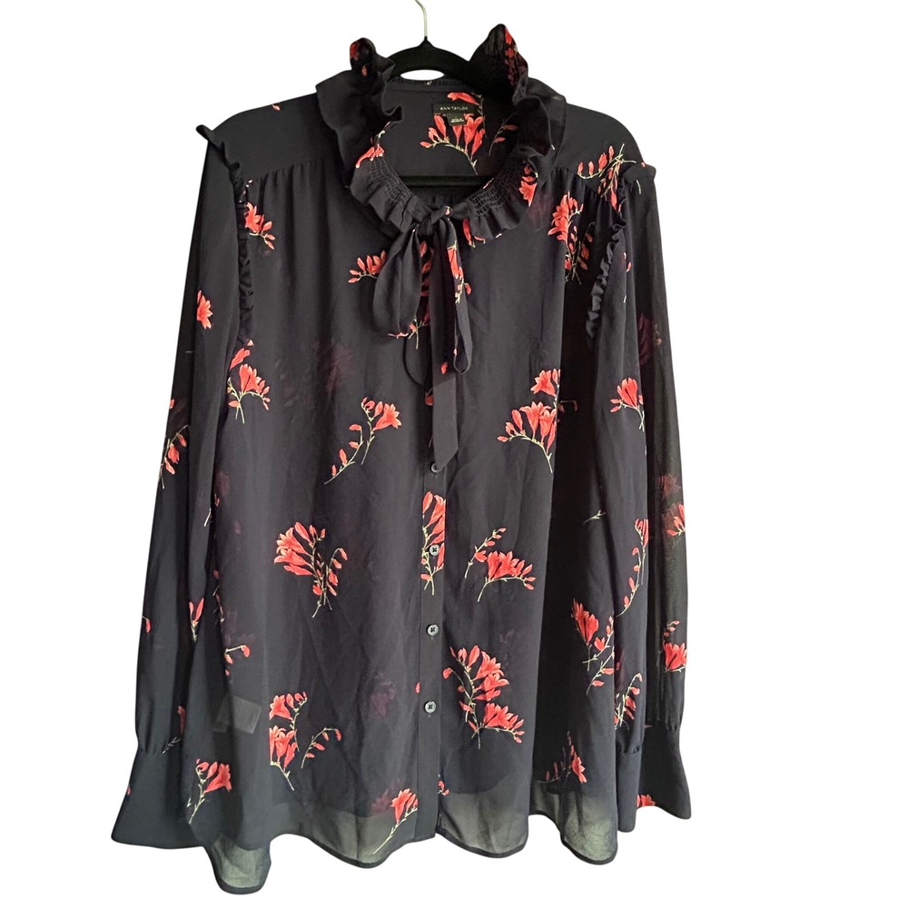 Ann Taylor Floral Tie Neck Ruffle Blouse Navy Blue Red Long Sleeve Size L 70107